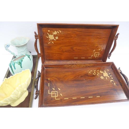 2336 - Two trays inlaid with brass, one other tray, a box of mixed decorative plates, Art Deco jug, drip gl... 