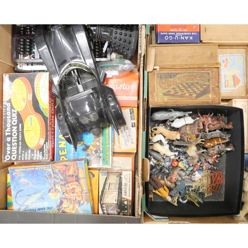 2340 - Two boxes of vintage games, including lead animals, chess, dominoes, etc. **PLEASE NOTE THIS LOT IS ... 