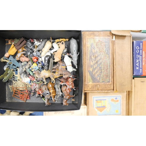 2340 - Two boxes of vintage games, including lead animals, chess, dominoes, etc. **PLEASE NOTE THIS LOT IS ... 