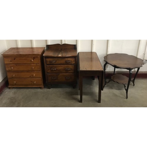 250 - A Victorian style pine chest of drawers, a walnut chest of drawers and two mahogany tables