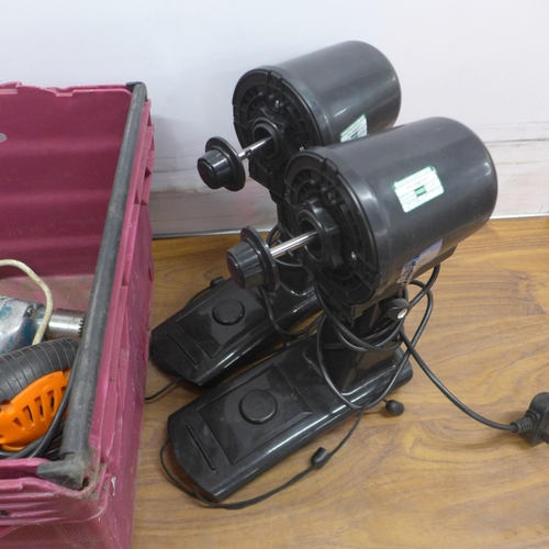 5027 - A box of assorted electrical items including drill battery, palm sander, site radio, a Salus pump, e... 