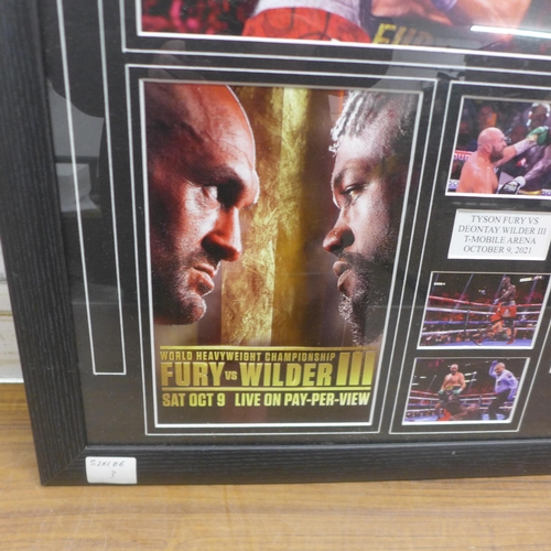 5076 - A Fury vs Wilder commemorative boxing poster in frame and a Victorian inlaid walnut lady's jewellery... 