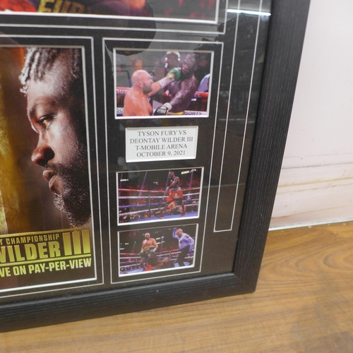 5076 - A Fury vs Wilder commemorative boxing poster in frame and a Victorian inlaid walnut lady's jewellery... 