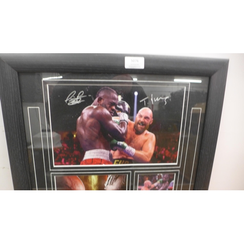 5076 - A Fury vs Wilder commemorative boxing poster in frame and a Victorian inlaid walnut lady's jewellery... 