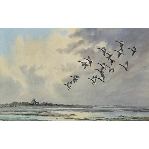 361 - Cecil Hodgkinson (1895-1979), Shelduck over the Norfolk coast and Pink-feet over Crowland Marshes in... 