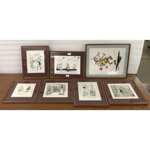 360 - Seven  humourous pen and ink drawings, various artists, framed