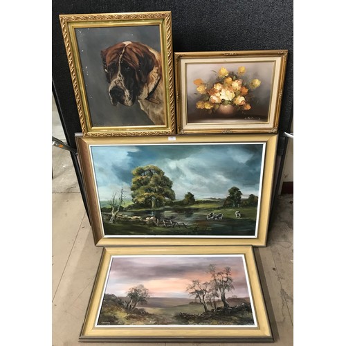 358 - Four assorted oil paintings, including a study of a St. Bernard