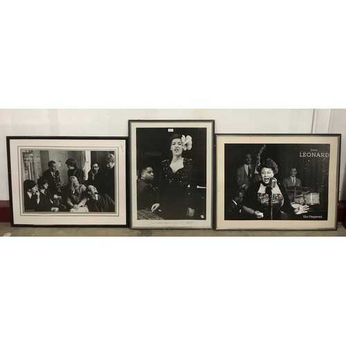 354 - Three framed black and white prints The Beatles, Ella Fitzgerald and Billie Holiday