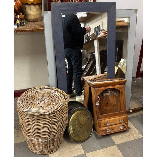 333 - Two painted mirrors, cane linen basket, brass warming pan and a small pine display case