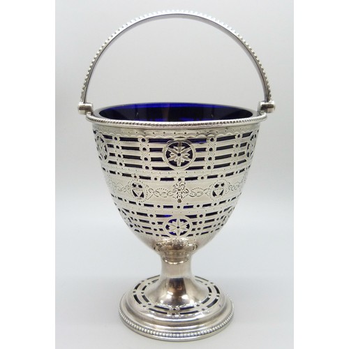 7240A - A white metal bright cut Georgian basket and blue glass liner, makers mark W.P., 113g