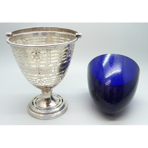 7240A - A white metal bright cut Georgian basket and blue glass liner, makers mark W.P., 113g