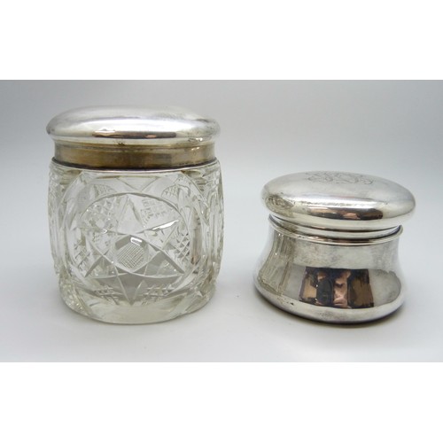 7244A - A silver lidded pot, Chester 1910 and a cut glass jar, Birmingham 1907