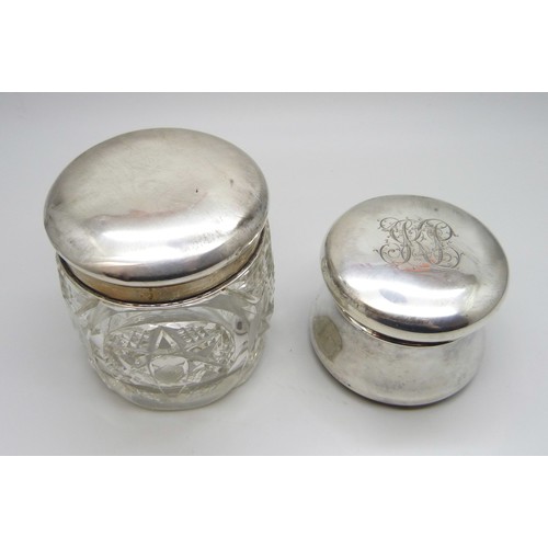 7244A - A silver lidded pot, Chester 1910 and a cut glass jar, Birmingham 1907