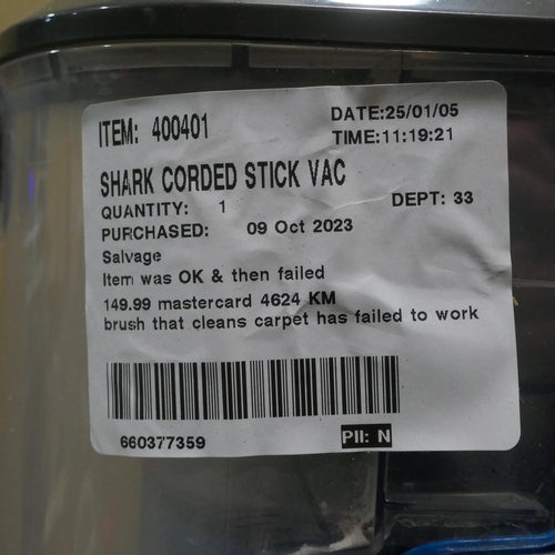 6314 - Shark corded stick vacuum cleaner, Original RRP £149.99 + VAT (352-449) *This lot is subject to VAT