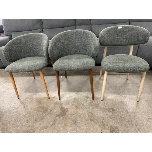 3344 - Three green upholstered woven dining chairs *This lot is subject to VAT