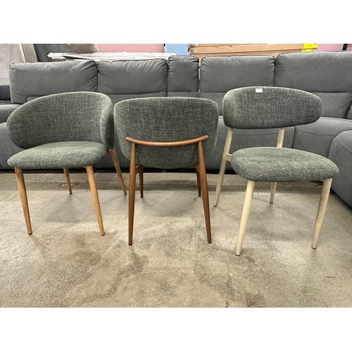 3344 - Three green upholstered woven dining chairs *This lot is subject to VAT