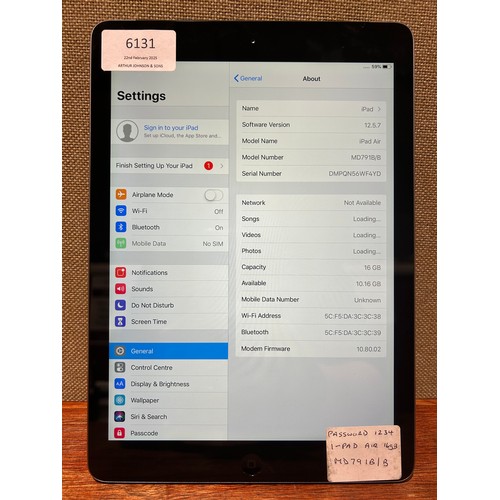 6131 - Apple Ipad Air 16gb (model: MD791B/B) (480-765)  *This lot is subject to VAT