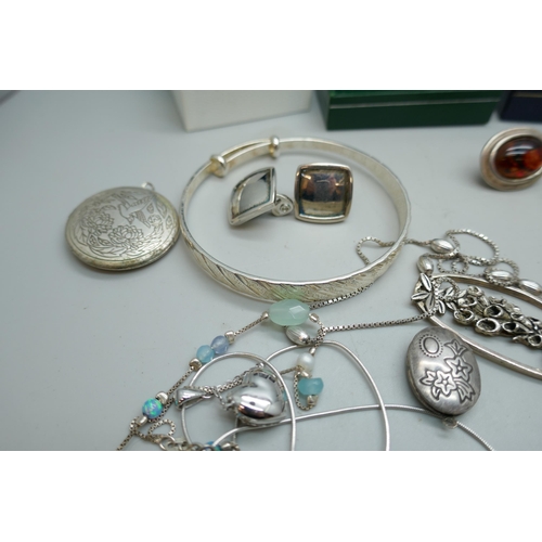 7198 - A collection of silver, white metal and plated jewellery including a Pandora ring and two Maureen An... 