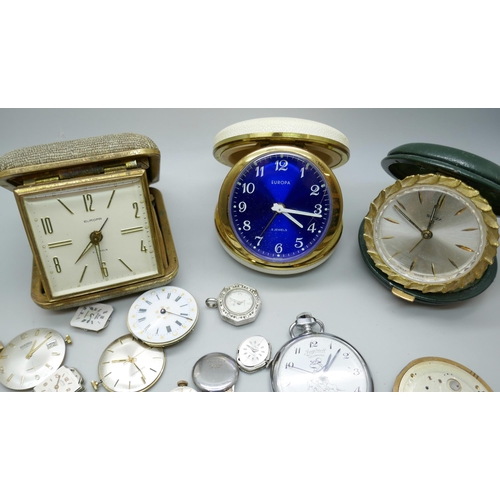 7225 - Three travel clocks and assorted watch parts