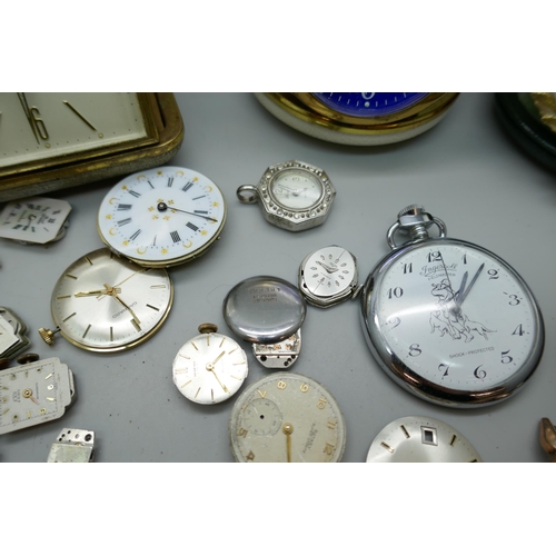 7225 - Three travel clocks and assorted watch parts