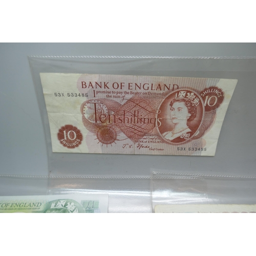 7285 - A collection of British bank notes - five £1 notes, two £5 notes and a ten shilling note