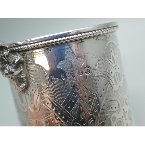 7313 - A Victorian silver mug with monogram and engraved detail, London 1866, 200g, 9.5cm