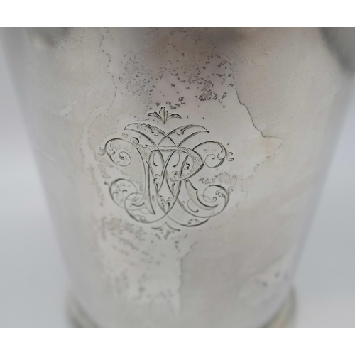 7314 - A Victorian silver beaker with monogram and crest, Garrards, London 1858, 294g, 11cm