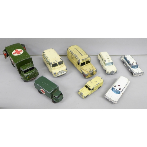 2013 - Eight vintage die-cast model ambulances; two Dinky Toys including military, one Corgi Toys and five ... 