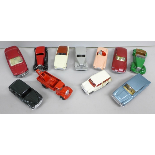 2023 - Eleven die-cast model vehicles, eight Dinky Toys, one Corgi Toys and two Meccano Dinky