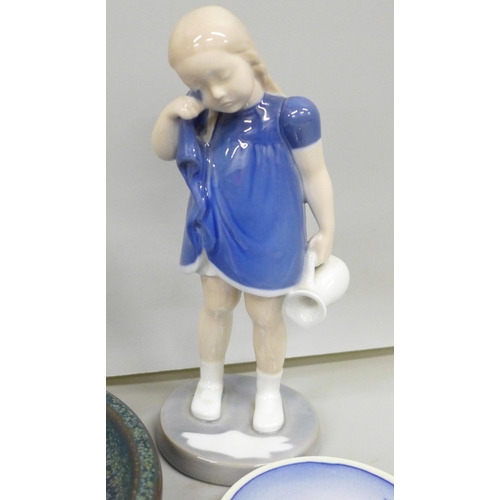 2040 - Danish ceramics; eight items, Palshus dish, Bing & Grøndahl figure and plaque, four small Royal Cope... 