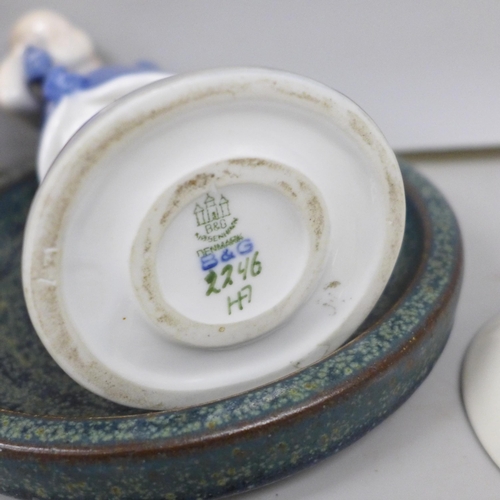 2040 - Danish ceramics; eight items, Palshus dish, Bing & Grøndahl figure and plaque, four small Royal Cope... 