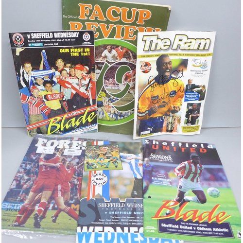 2066 - Five football programmes, Derby County 1997, signed, Nottingham Forest 1980 and three Sheffield Unit... 