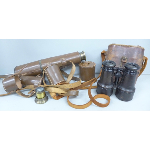 2067 - A brass telescope and a pair of field glasses, case stamped 1916