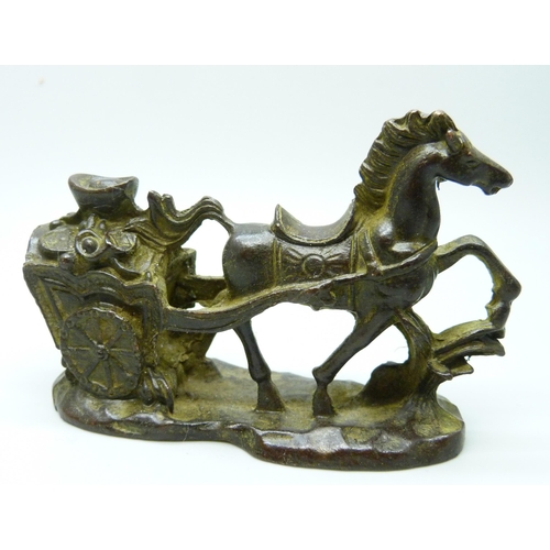 2099 - A small bronze horse and cart, 9.5cm length