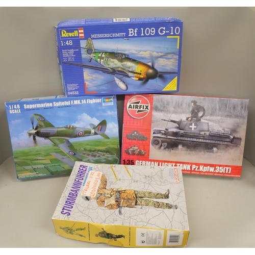 2107 - Six model kits, including Airfix, Revell and Trumpeter, parts sealed, unopened, and parts to a model... 