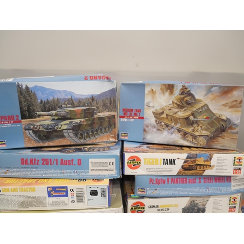 2114 - A collection of model kits, mainly military tanks, includes Airfix and Hasegawa