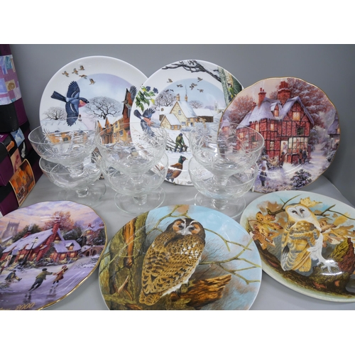 2126 - Three Coalport owl collectors plates, two Wedgwood plates, other plates, a set of six glass dessert ... 