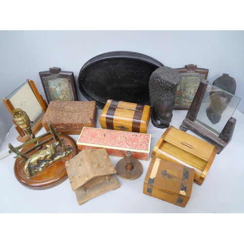 2132 - A box of wooden/treen including boxes, sliding bookshelf, mauchline ware money box, etc.