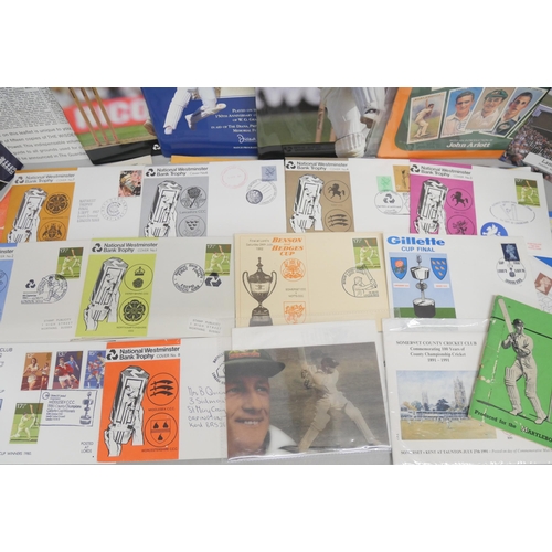 2142 - Cricket ephemera; a box of cricket ephemera including cigarette cards, programmes, etc.