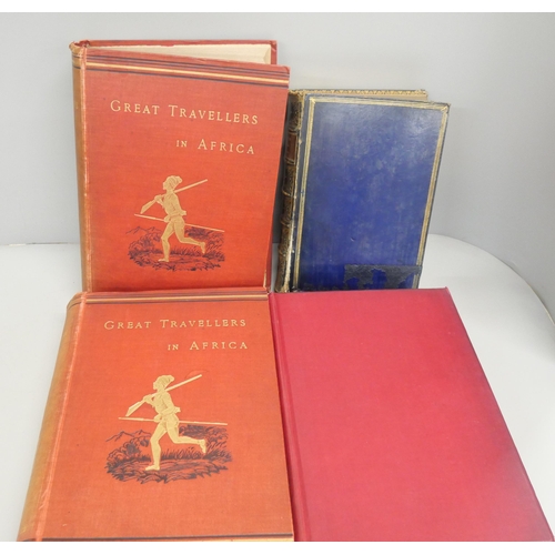 2171 - A collection of four books on African exploration including Africa by Cameron 1885, leather bound, G... 