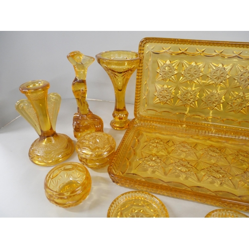 2192 - Two sets of Art Deco style amber glass dressing table sets with trays