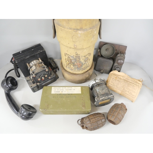 2204 - Two boxes of military items to include hand grenades, field telephone, explosive tin, etc., *This lo... 