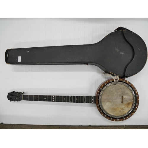 2218 - A Reliance no. 10 five string banjo, one string missing, case a/f