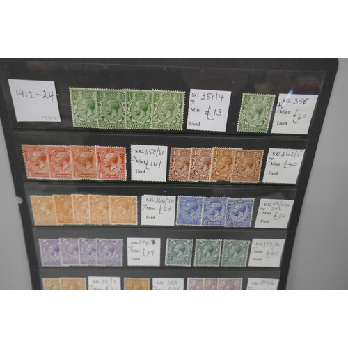 2224 - Stamps; stocksheet of mint Great Britain King George V stamps from the definitive issue of 1912-24, ... 