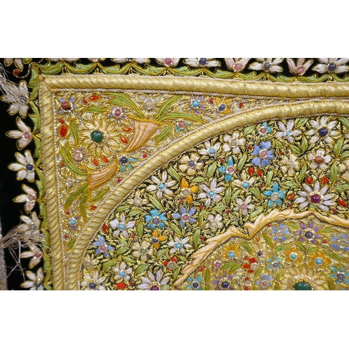 2225 - An Eastern beadwork and embroidered wall hanging set with gemstones, 41cm x 50cm