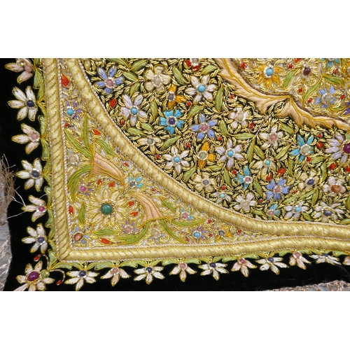 2225 - An Eastern beadwork and embroidered wall hanging set with gemstones, 41cm x 50cm