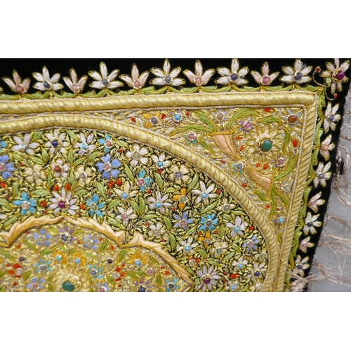 2225 - An Eastern beadwork and embroidered wall hanging set with gemstones, 41cm x 50cm