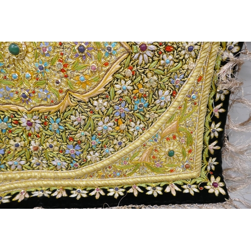 2225 - An Eastern beadwork and embroidered wall hanging set with gemstones, 41cm x 50cm