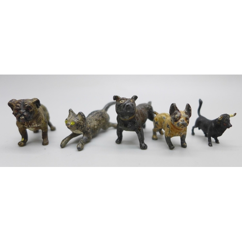 2229 - Eleven miniature cold painted bronze and spelter animal figures, including four dogs and three cats,... 