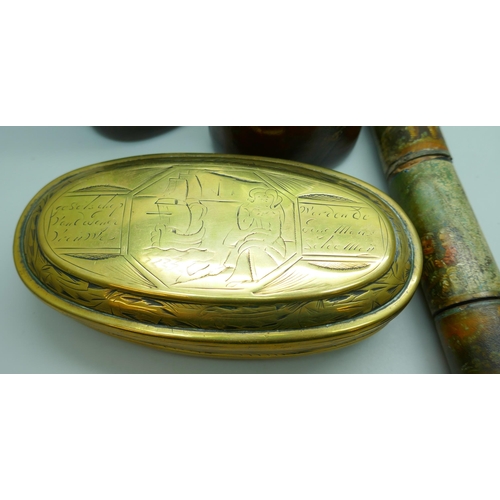 2234 - A large brass tobacco box, 12.5cm, a leather mounted glass flask holder and a cylindrical case